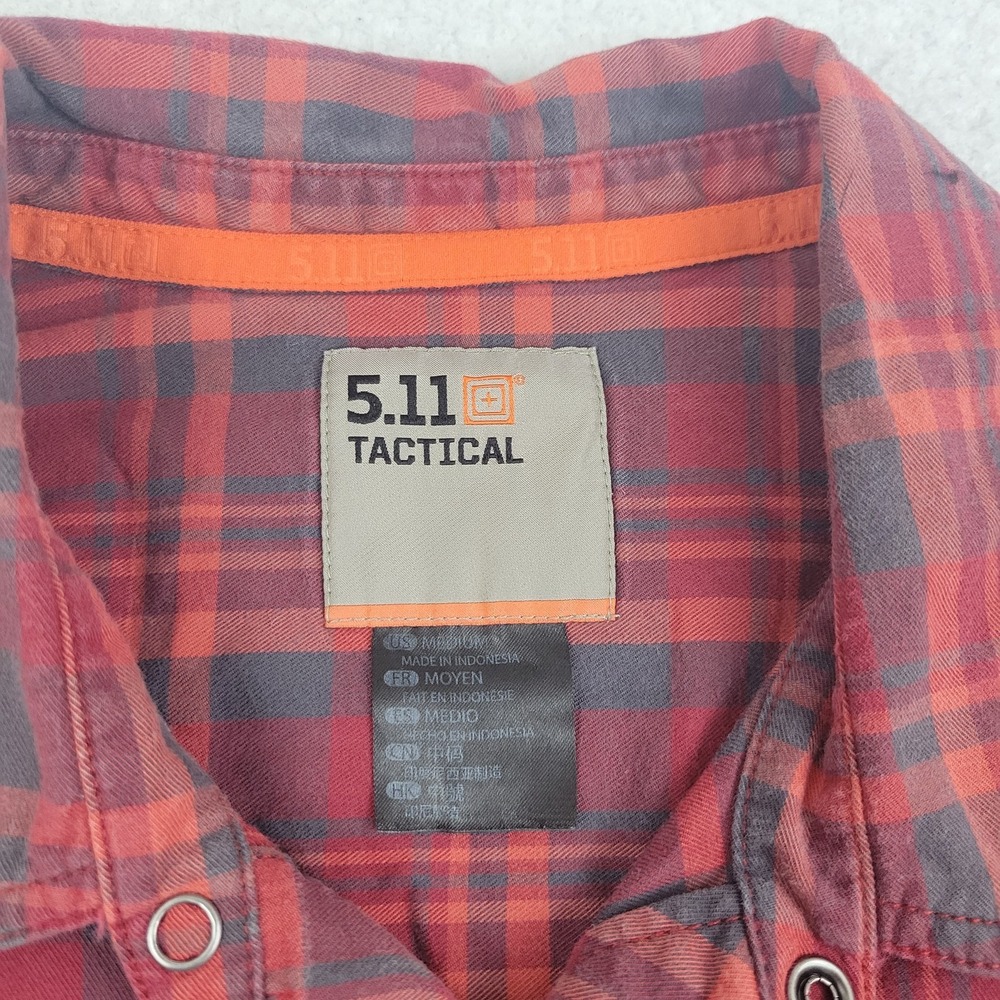 5.11 Tactical Shirt Mens Medium‎ Red Gray Plaid Long Sleeve Snap Front Cotton - Picture 3 of 9